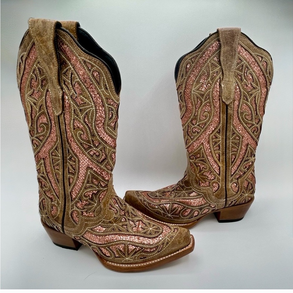 JB Dillon Pink Glitter Inlay Western Cowboy Boots Tan Leather Size 6.5 Rodeo
